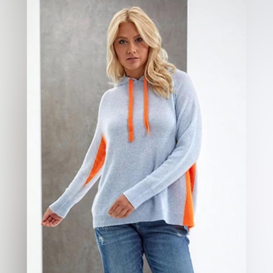 Brodie Cashmere Contrast Hoodie In Blue Mist And Orange